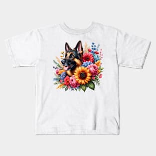 A German shepherd decorated with beautiful colorful flowers. Kids T-Shirt